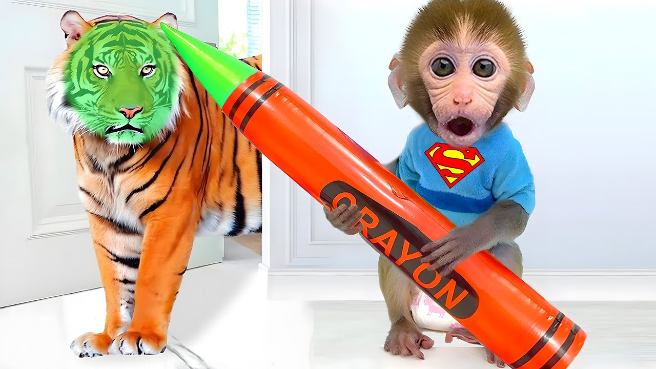 Macaquinho Bon Bon pinta quadros de animais arco-&iacute;ris para presentear os patinhos
