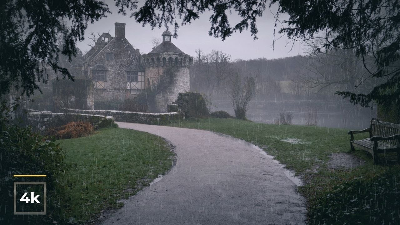 Relaxing Walk in Icy Rain 🌧️ Misty 650-Year-Old Castle | 4K ASMR Rain Sounds for Sleep Study & Focus