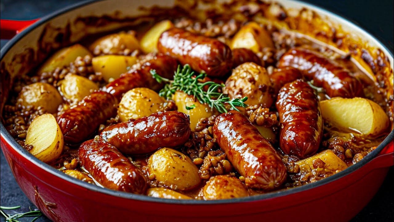 Gulasch mit Bratwürsten, von dem Sie sich nicht losreißen können. Es ist so lecker!