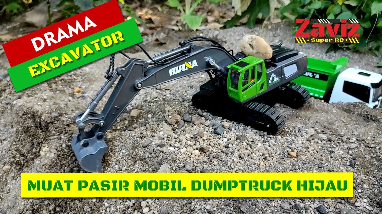 Zaviz Super RC - Drama Excavator HUINA 1558 11Ch Muat Pasir Mobil Dump Truck Hijau