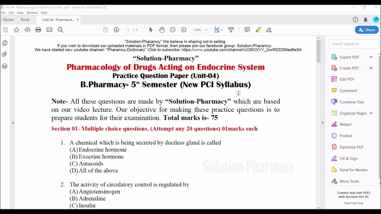 Pharmacology Model Question Paper (Unit 04) | Endocrine Pharmacology | B.Pharmacy 5th Semester