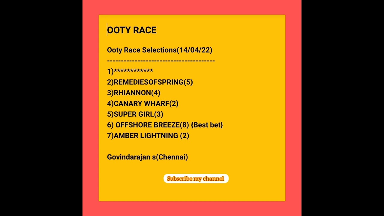 OOTY RACE SELECTION (14/04/22) @allindiarace channel