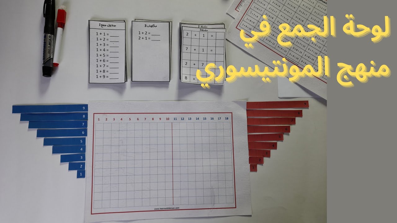 تعليم الطفل جمع الأعداد بواسطة لوحة الجمع في منهج المونتيسوري