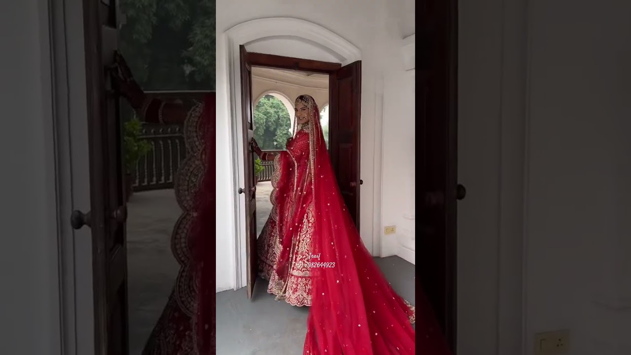 Beautiful Red Wedding Lehenga with Long trail dupatta #traillehenga #ytshorts #wedding #shadi