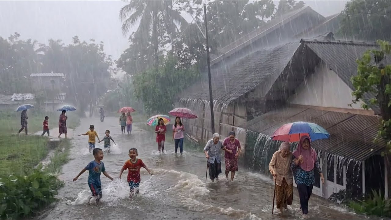 Heavy Rain Falls Over a Quiet Rural Village — Walking Through a Stormy Countryside Day
