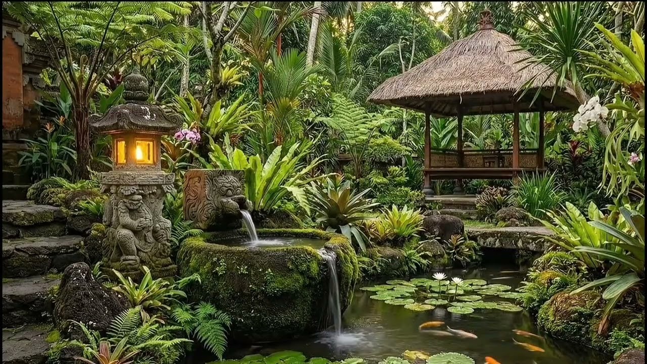Peaceful Tropical Garden with Water Fountain & Koi Pond – 3 Hours Relaxing Nature Sounds