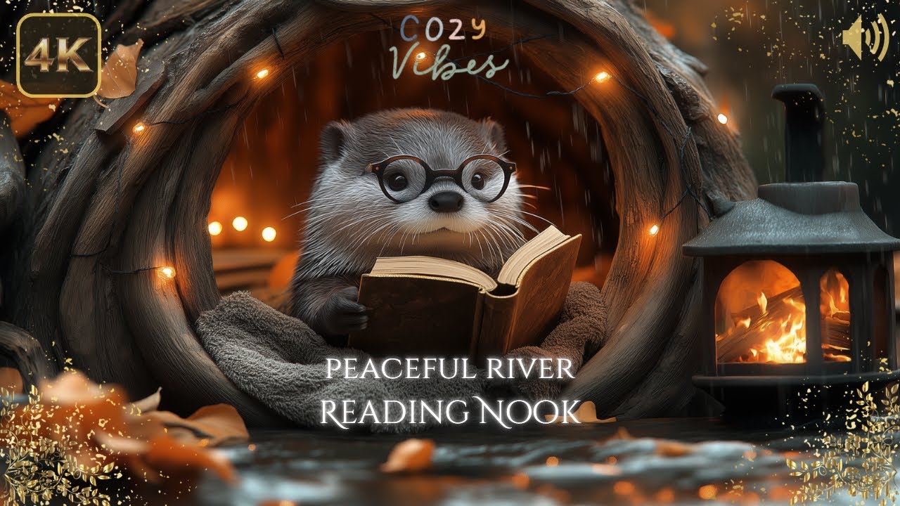 Otter Reading Nook Ambience 🦦 Woodland Soundscape With Crackling Fire, Chirping Birds & Lofi Music