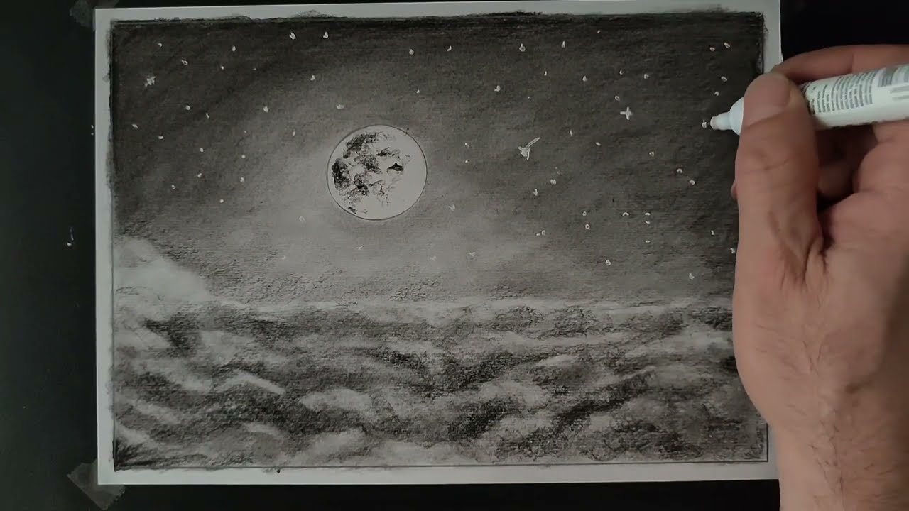 Kolay Karakalem Gece Ay Manzara Çizimi #drawing #resim #karakalem #painting