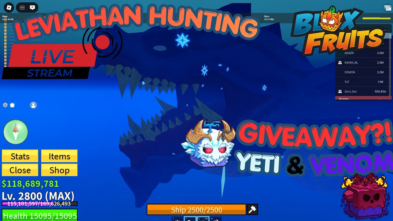 LEVIATHAN HUNTING + HUGE YETI & VENOM REWORK GIVEAWAY! 🐉🎁 #bloxfruits #leviathanhunt #giveaway