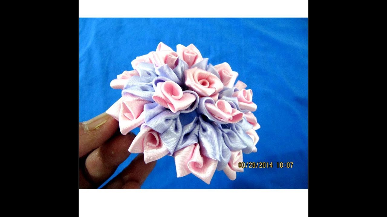 Flores rosas lilas kanzashi en cintas para el cabello