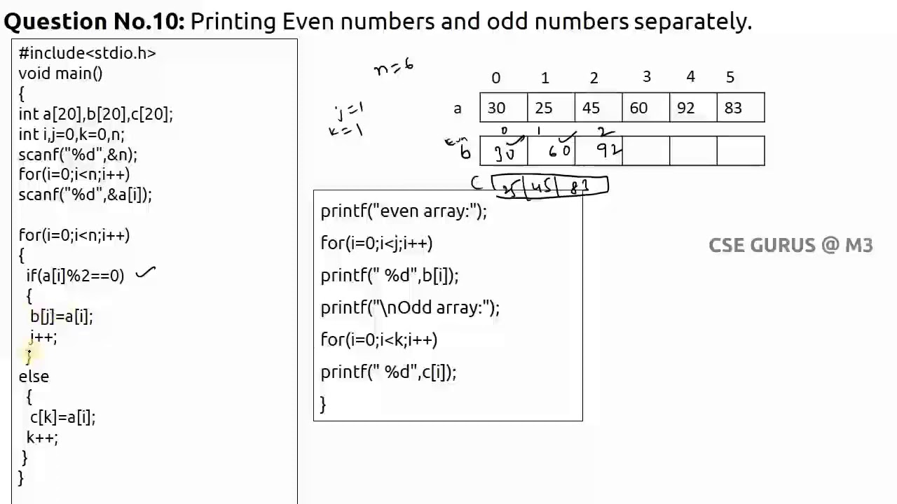 Storing even numbers and odd numbers separately from a given array (C Program)