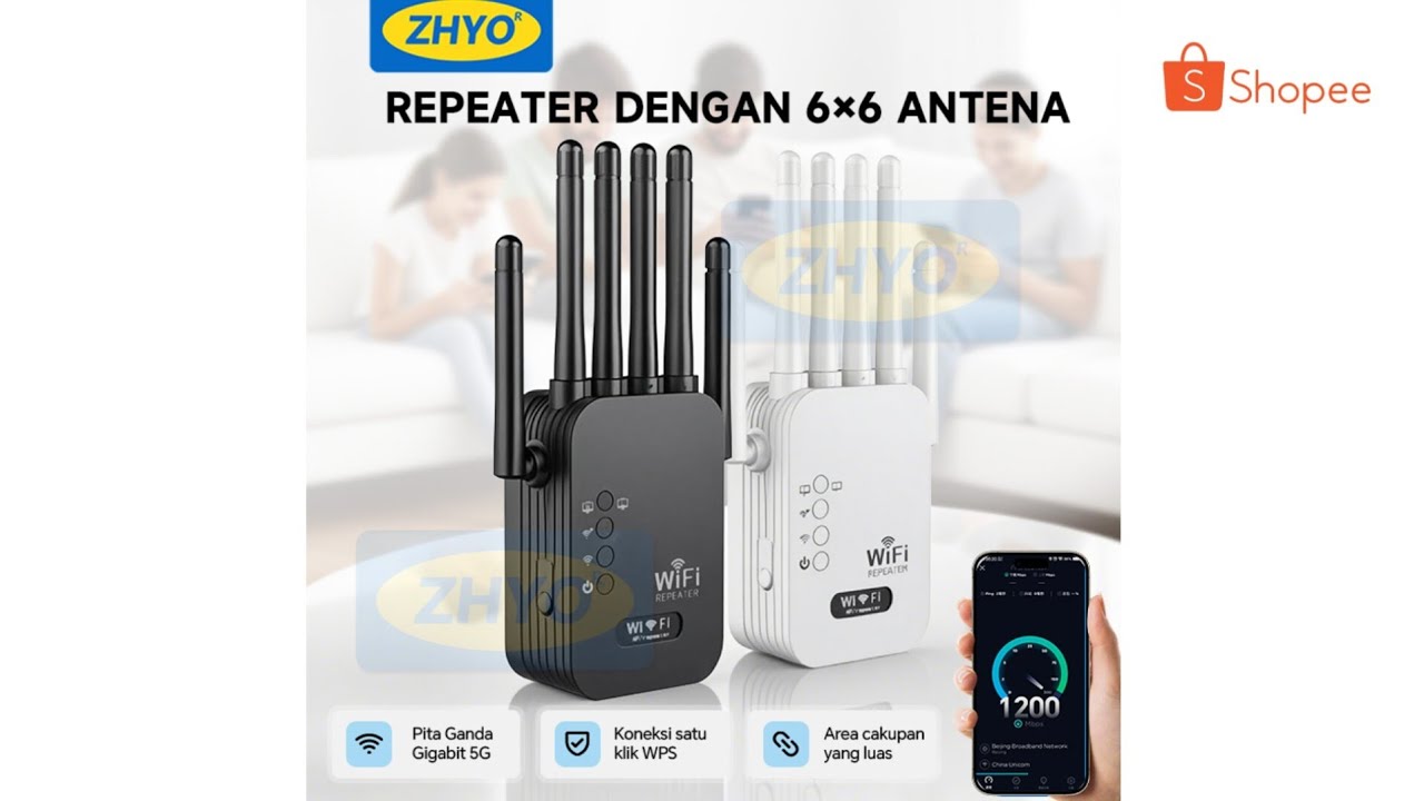 Repeater WiFi 1200Mbps 6 Antena Dual Band 2.4G&5G｜Penguat Sinyal Tembus Tembok | Sinyal Kuat Stabil