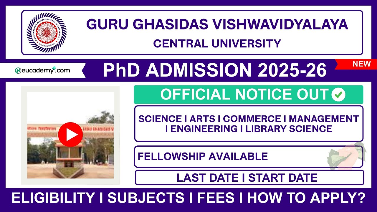 Guru Ghasidas Vishwavidyalaya PhD Admission 2025-26  |  Dates I Fees | Seats & VRET Exemptions