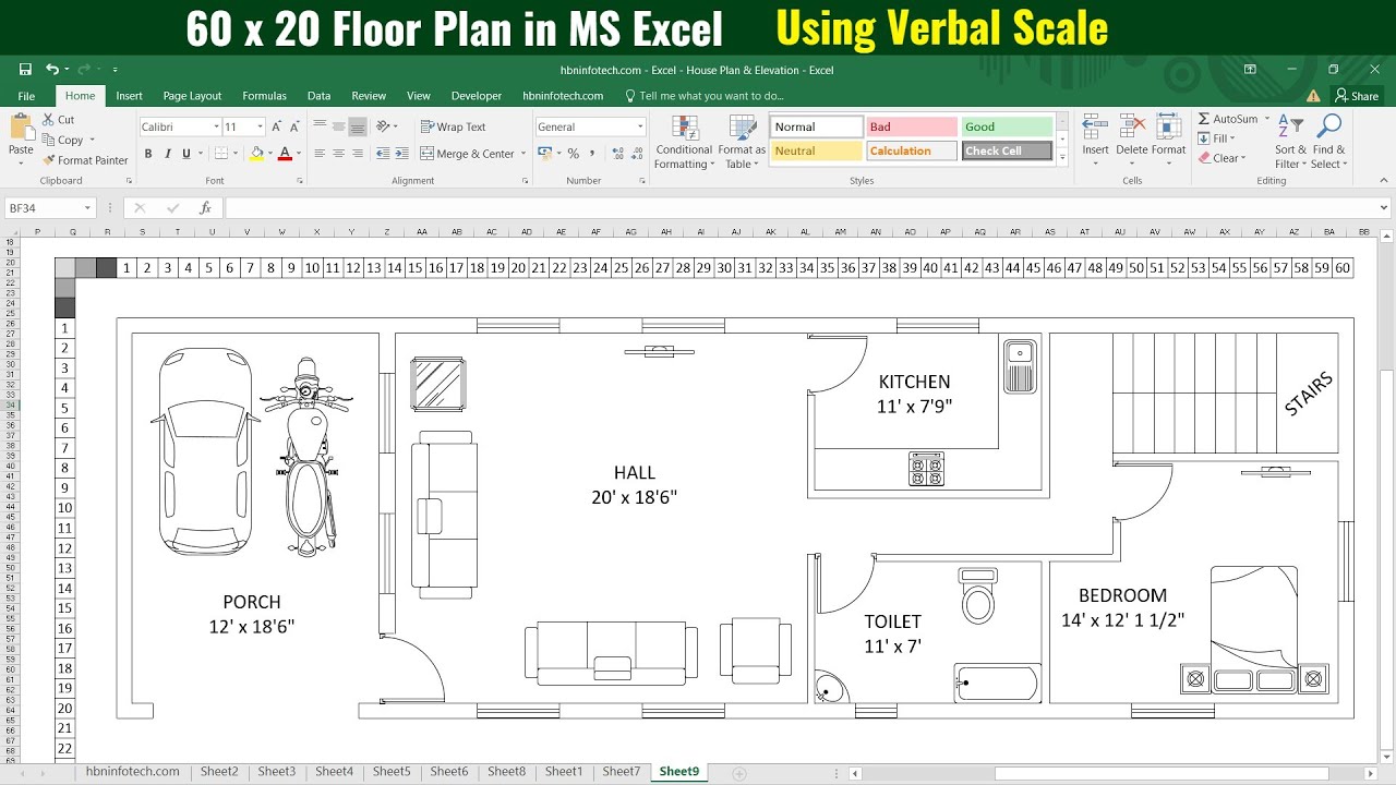 How to Create a 60 x 20 Floor Plan in Microsoft Excel Using Verbal Scale