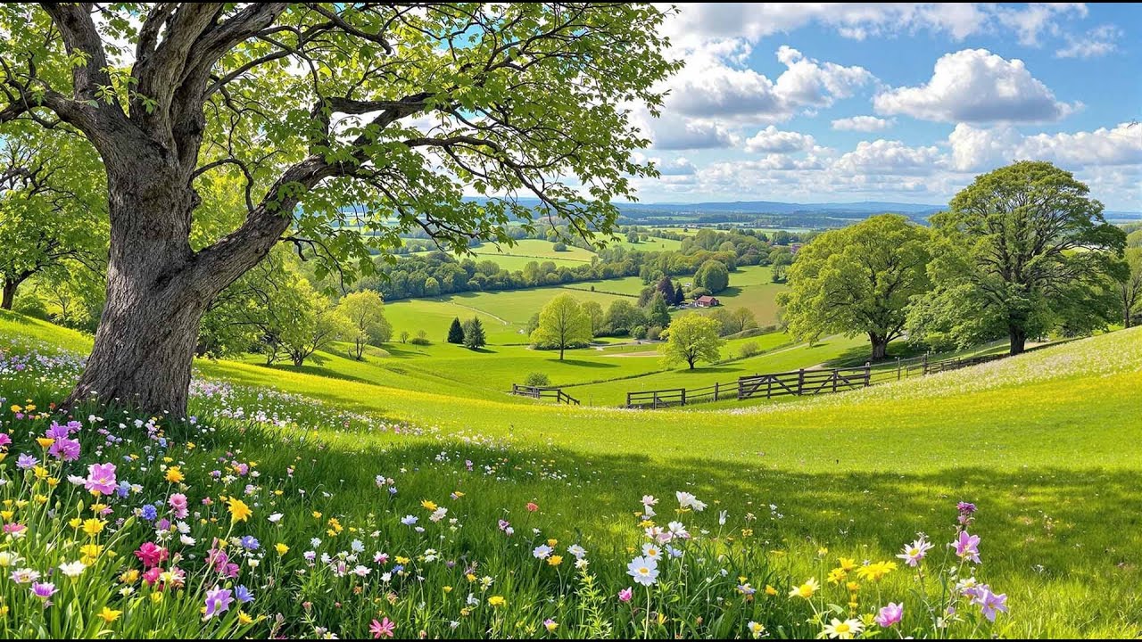 Engllish Countryside in Spring with a view across a valley