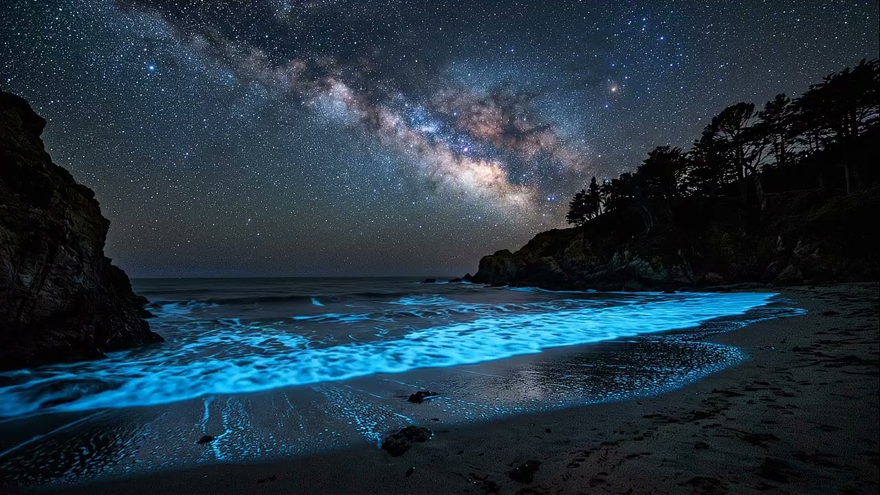 🌊 Bioluminescent Ocean Waves Under the Milky Way | For Meditation, Sleep, and Relaxation