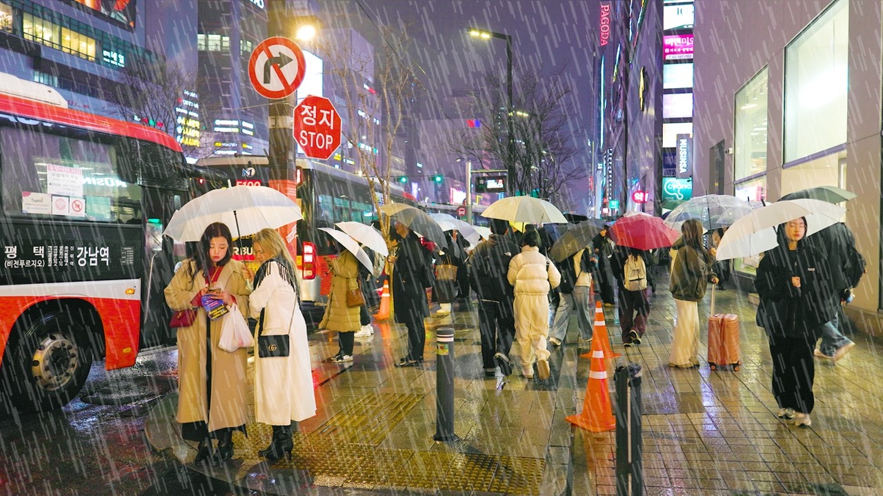비 오는 강남역 불금 저녁 산책, 서울 야경 여행,, 서울 여행 워커.
