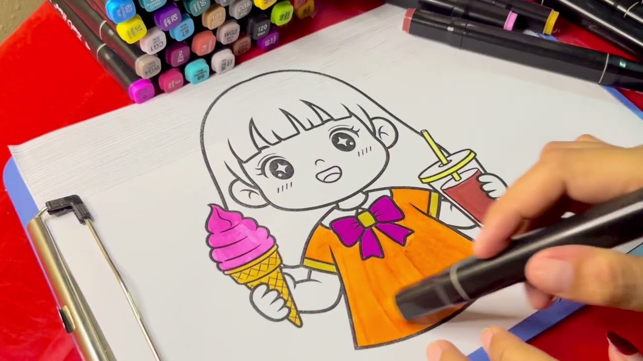 Sweet treat time 🍦🥤 Coloring a cute girl enjoying ice cream and a drink 💖✨