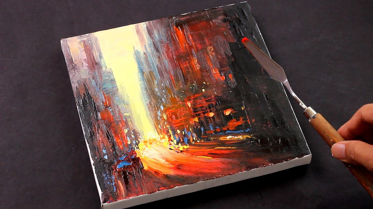 Abstract cityscape Painting in Acrylics with palette knife / Acrylic painting for beginners 233