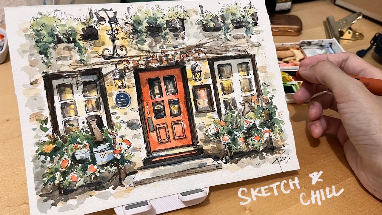 Chill Jazz & Sketching Time-lapse | Ink & Watercolor Sketch Tutorial