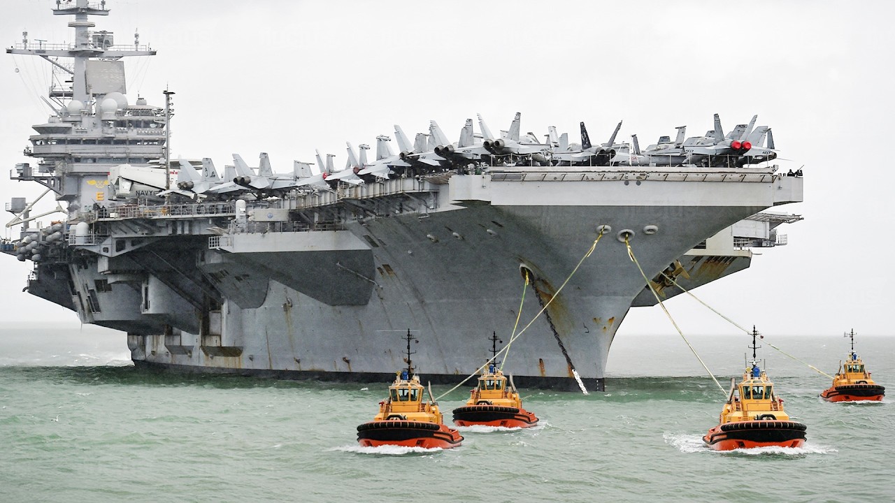 The Extreme Power of Tiny Tugboats Pulling Gigantic $13 Billion US Aircraft Carrier