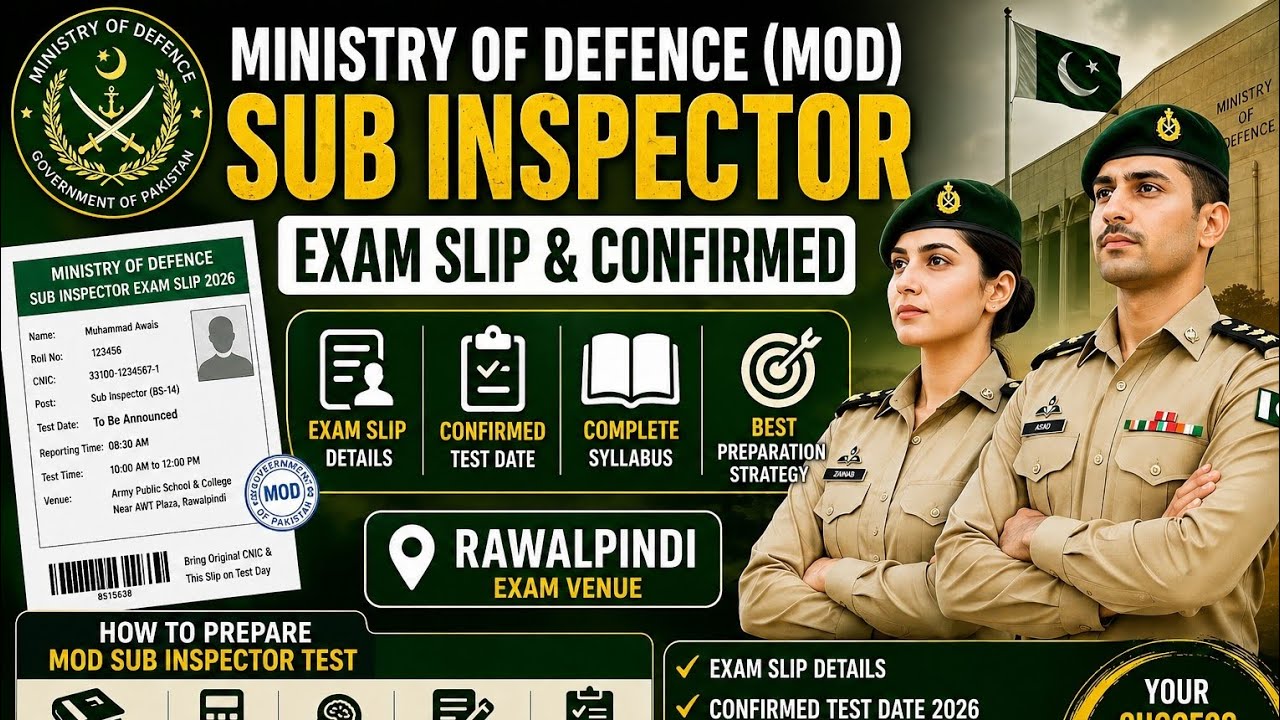 MOD Sub Inspector Exam Slip 2026 test | Confirmed Test Date | Complete Preparation Guide 