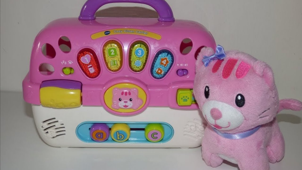 Musical cat toy for toddlers. VTech  Pink Baby Cosy Kitten Carrier Toy with light and sound.