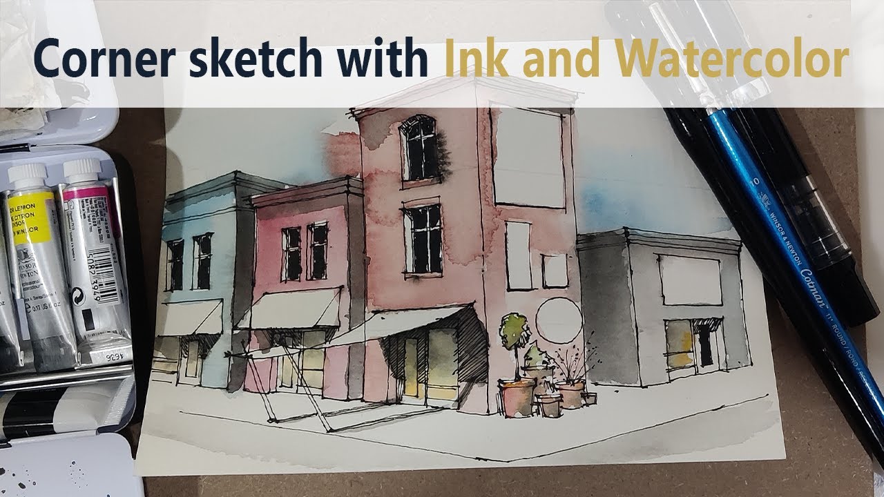 Corner sketch with ink and watercolor