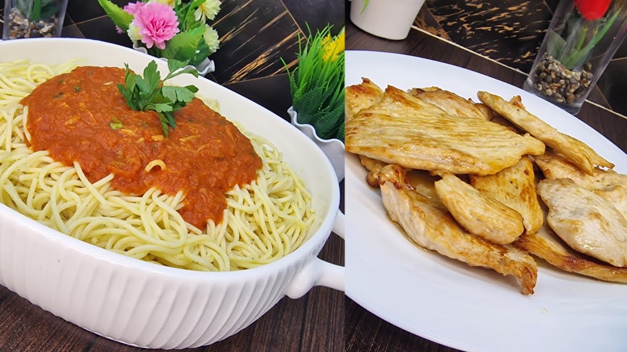 خفيف ضريف حضري فطورك سباغيتي بي صلصلة طماطم مع اسكالوب مقلي بنين وطري