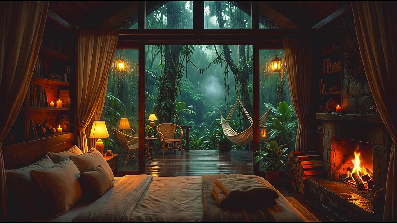 12 HOURS   Rain on Window & Cozy Fire