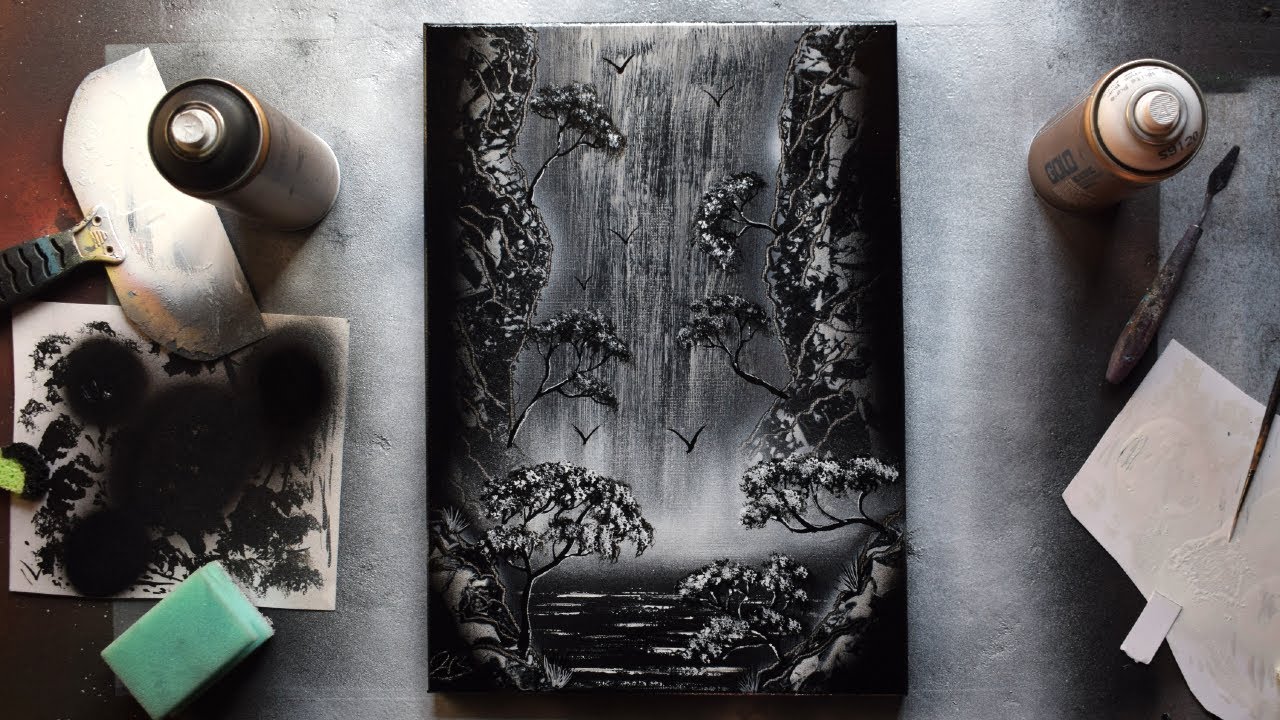 Black and White Waterfall - Spray Paint Art
