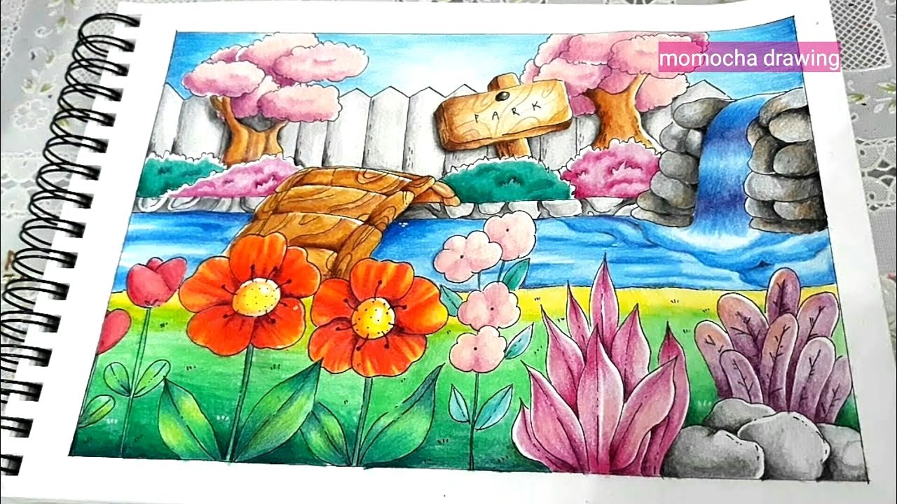 Taman bunga - Menggambar mewarnai dengan pensil warna | PARK color pencil drawing