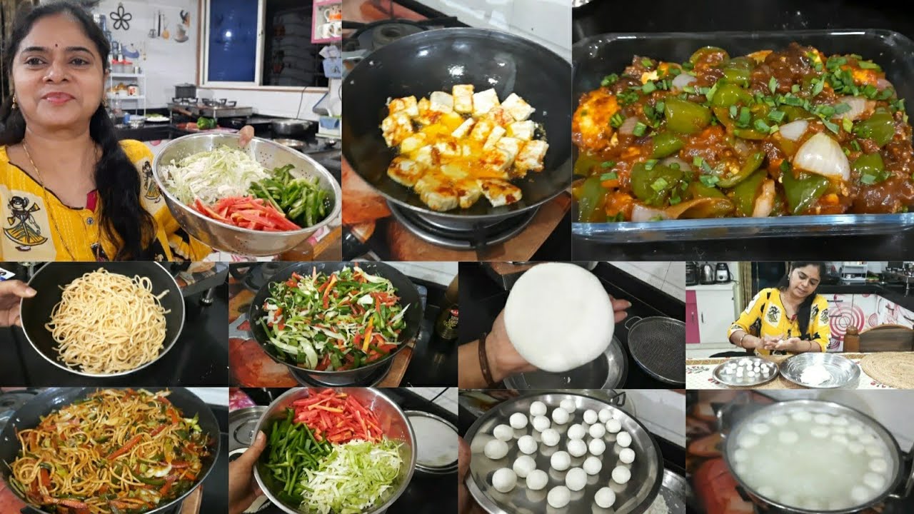 akele banaya🌹Special Dinner Routine🌺 chilli paneer🌺 atta noodles🍜 homemade paneer🌺 bangali rasgulla