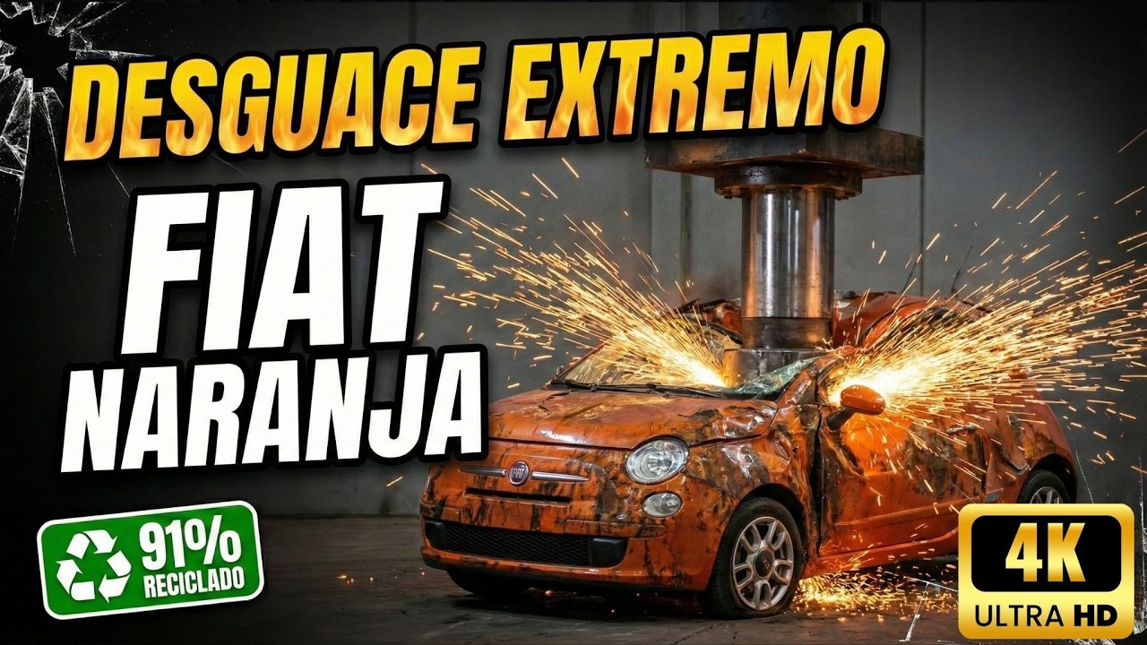 Desguace Extremo: Fiat Naranja Triturado - Destrucci&oacute;n Completa en Prensa Hidr&aacute;ulica