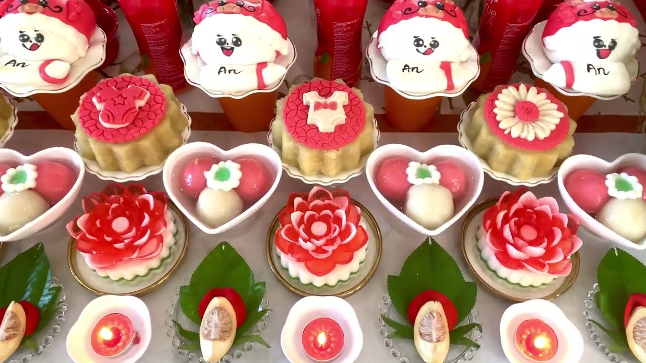 Mâm cúng đầy tháng hoặc thôi nôi tông màu đỏ 