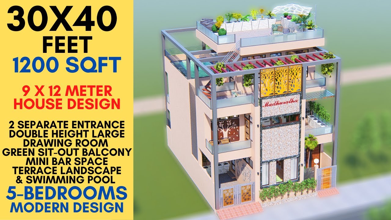 30X40 Feet, 1200 Sqft House Design with 2 Entrance, Shaded Terrace Louvered | 9X12 Meter | ID-081
