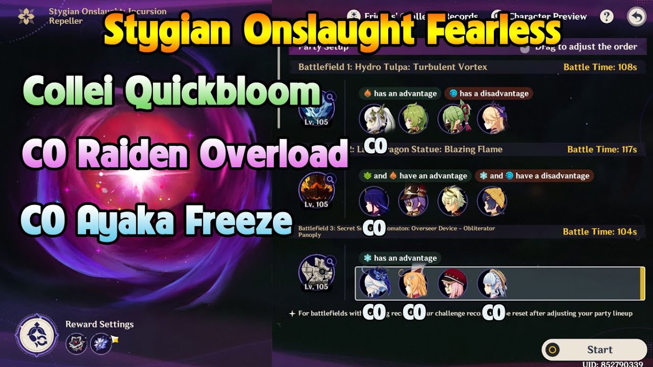 Stygian Onslaught Fearless LV5 Collei Quickbloom - C0 Raiden Overload - C0 Ayaka Freeze