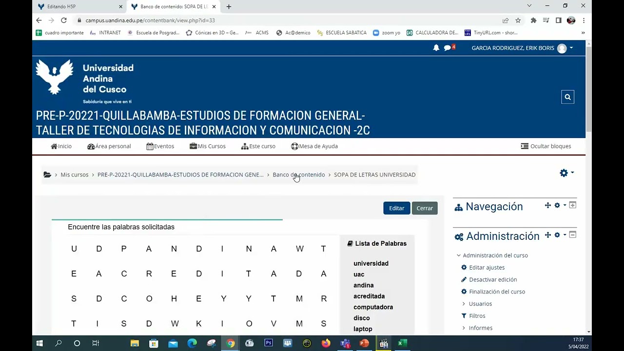 sopa de letras en Moodle