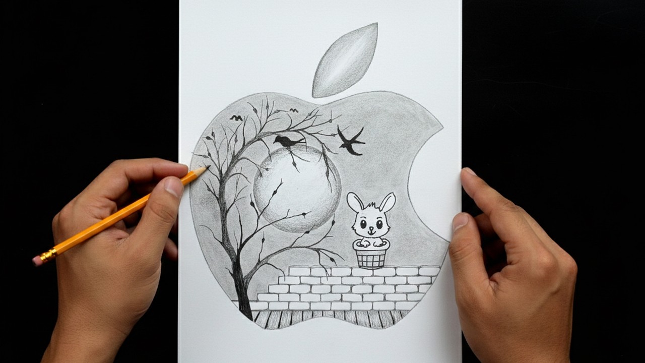 Creative Pencil Sketch: Moonlit Scenery Inside Apple Logo Silhouette