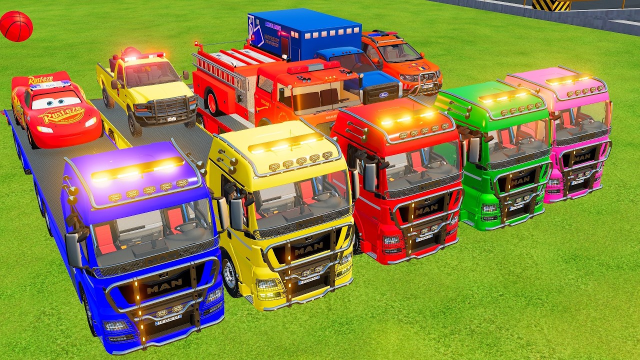 TRANSPORTING POLICE CARS, AMBULANCE, FIRE DEPARMENT VEHICLES WITH MIXER TRUCKS TO THE GARAGE ! FS22
