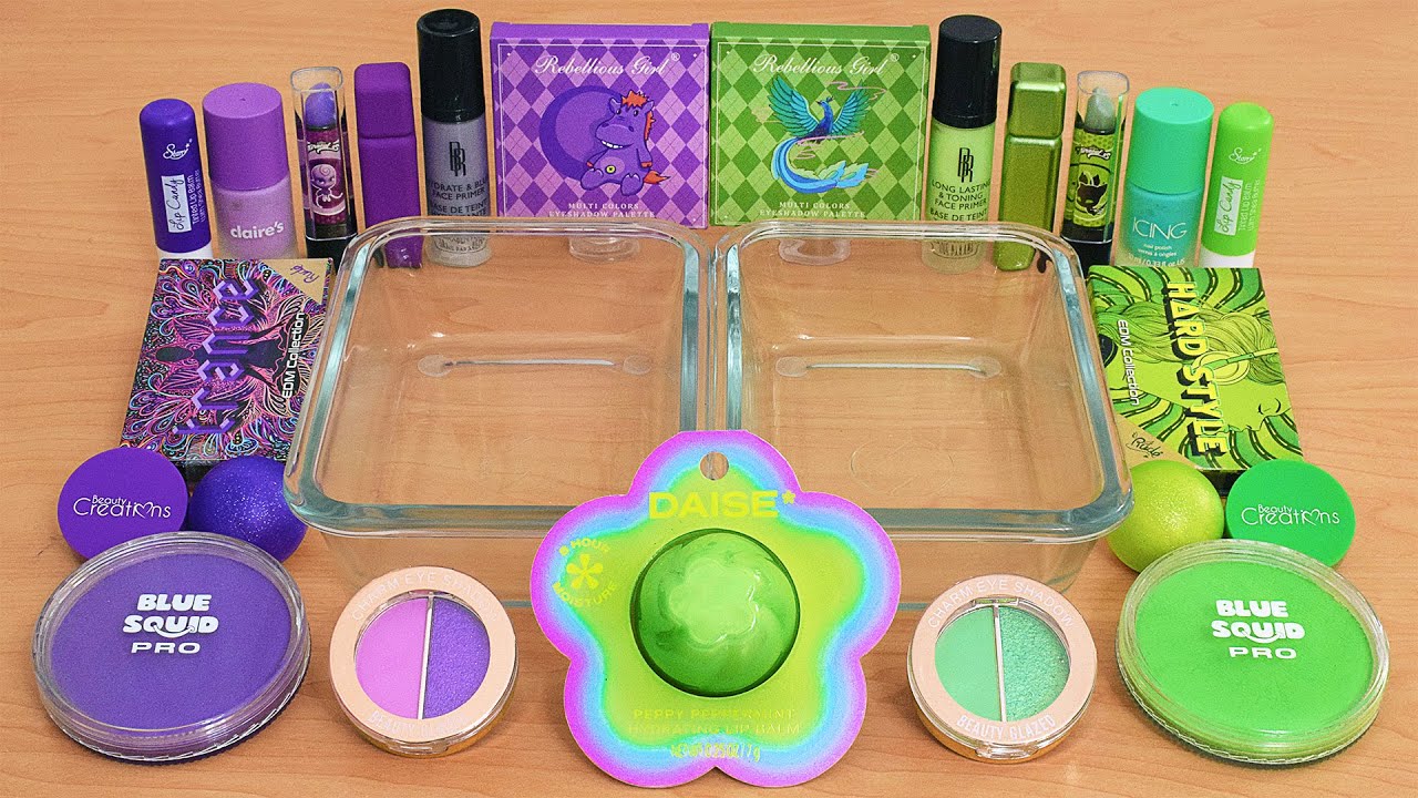 Purple vs Green - Mixing Makeup Eyeshadow Into Slime ASMR