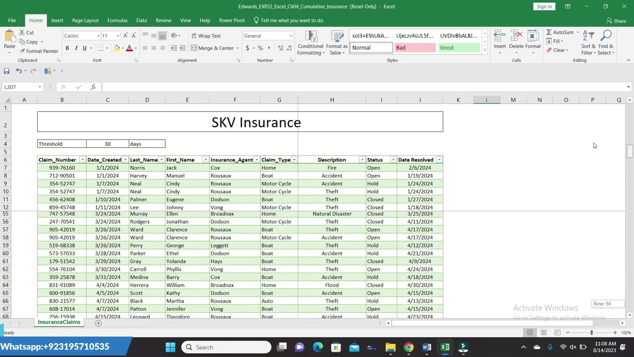 Exp22_Excel_Ch04_Cumulative - Insurance Claims | Chapter04 Cumulative Insurance Claims