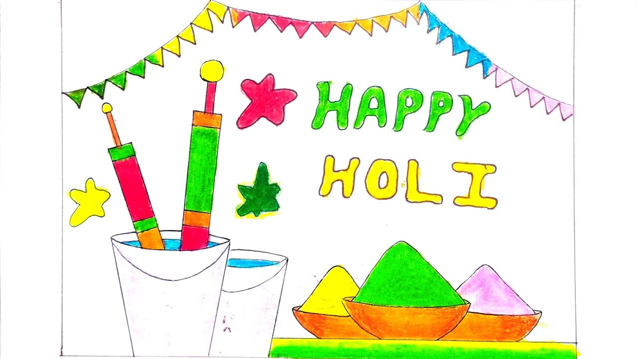 Happy Holi Drawing Easy | Holi Poster Drawing Easy | Holi Festival Drawing Easy | Holi Special Art