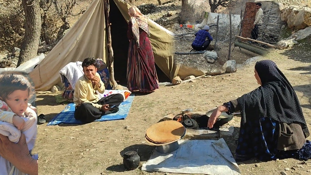 The simple but wonderful times of Iranian nomads baking local bread and preparing mountain pistachio