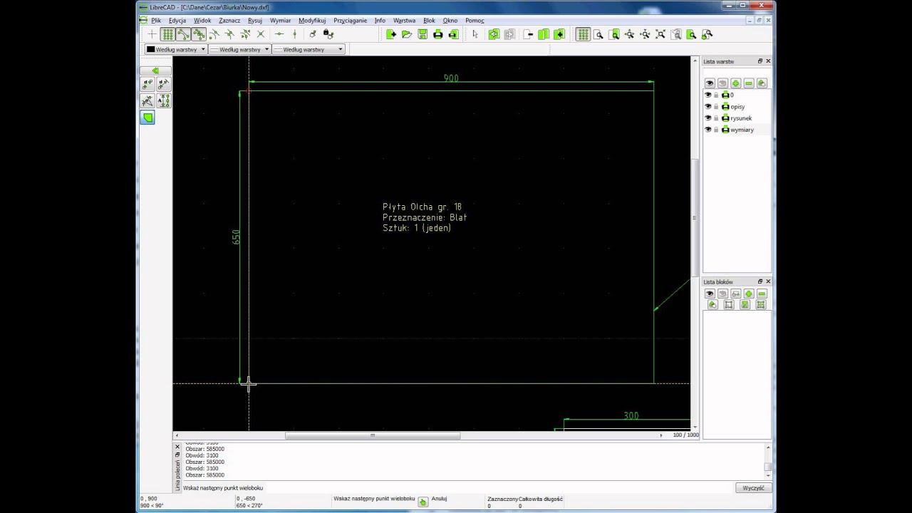 Tutorial do LibreCAD cz.11 obw&oacute;d i pole powierzchni poradnik lekcja jak używać