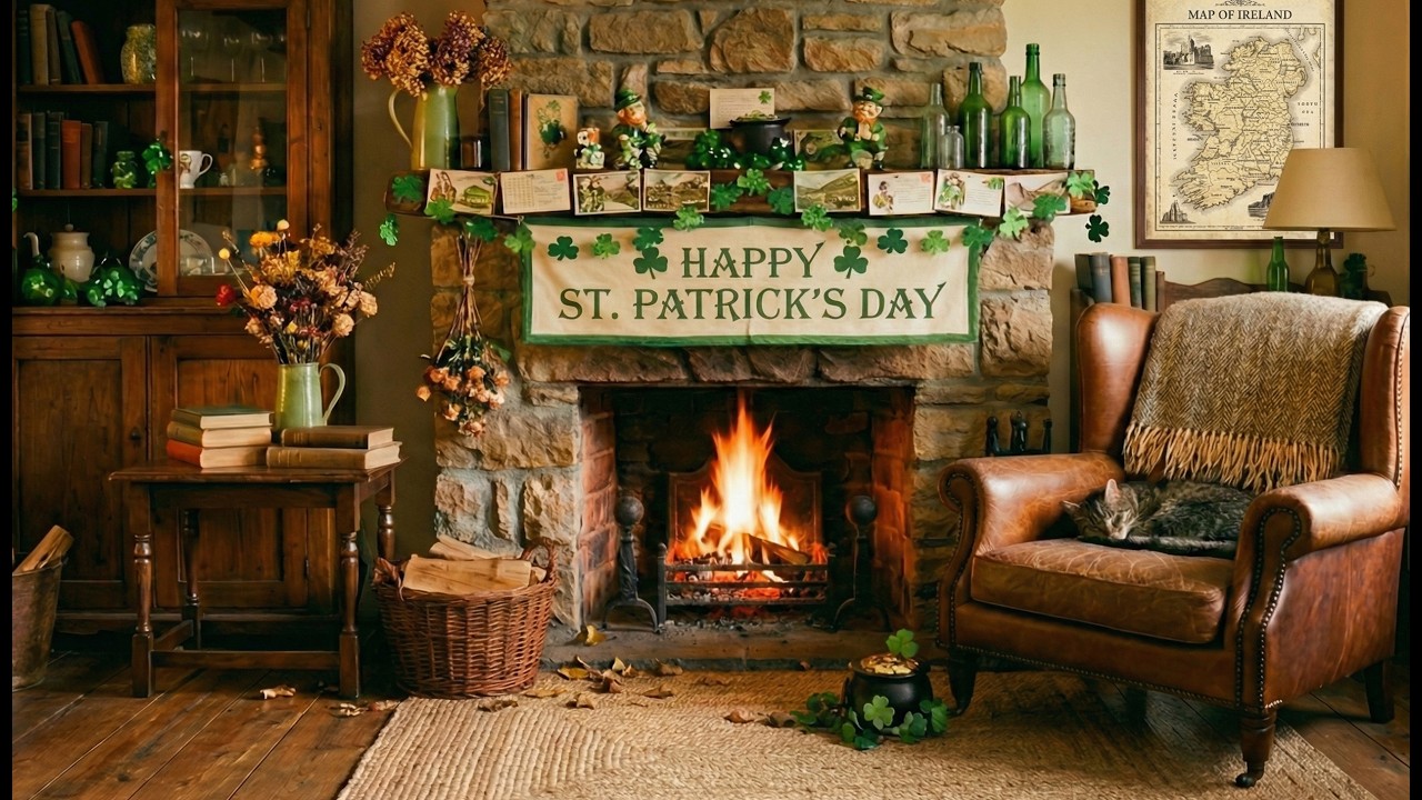 🍀🔥 St. Patrick's Day Cozy Fireplace 🍀 Watch for the leprechaun! With crackling fire sounds!