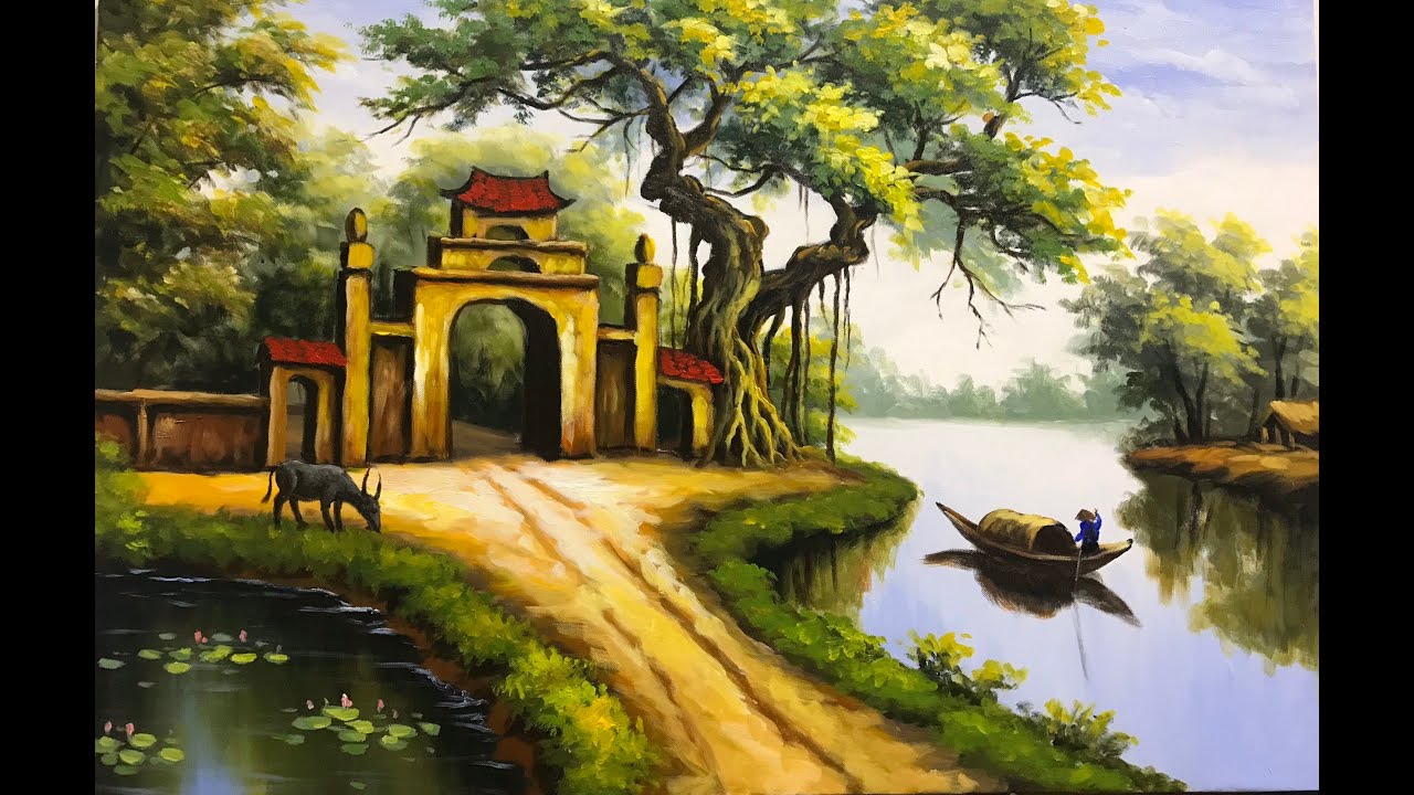 cách vẽ con đường và cây đa thôn quê ,tranh đồng quê sơn dầu
