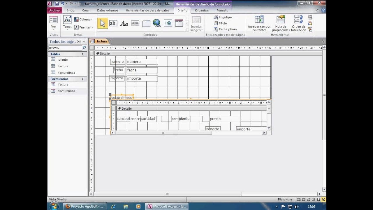 Crear base datos Access con tablas relacionadas facturas, detalle, clientes