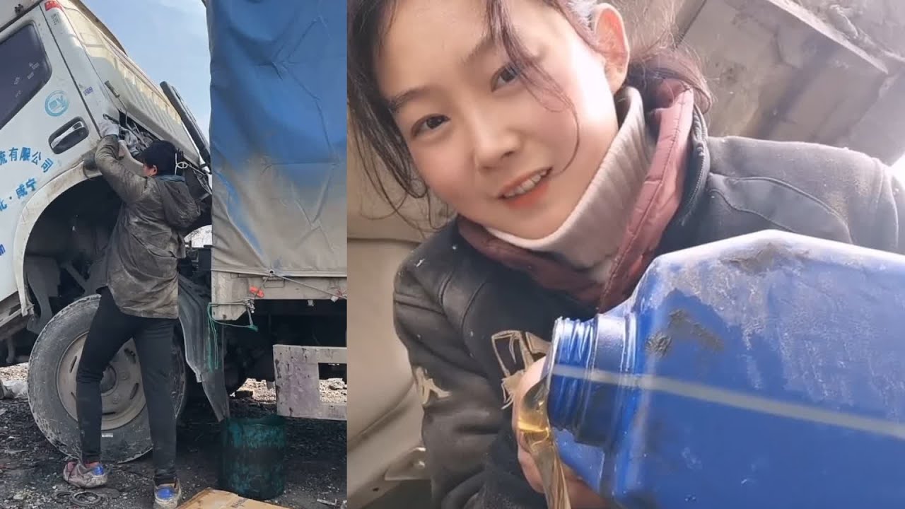 Optimistic and Skillful Female Mechanic Performs Truck Oil Change