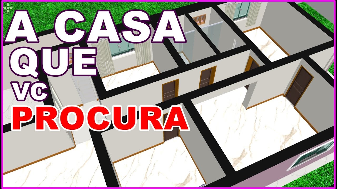planta de casa 3d com 3 quartos e cozinha nos fundos